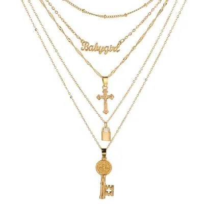 Multilayer Gold Chain Necklace with Pendant - Lock, Key and Cross