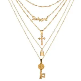 Multilayer Gold Chain Necklace with Pendant - Lock, Key and Cross