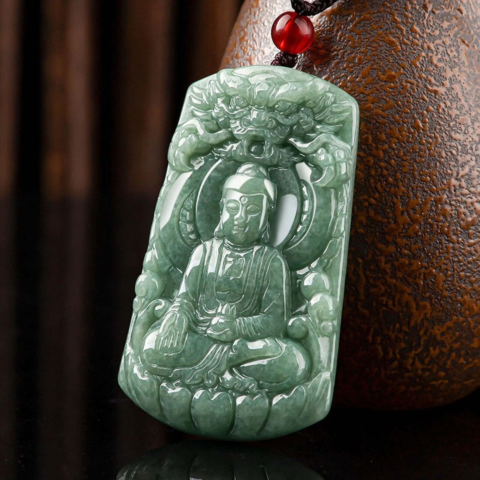 Natural Grade A Jade Jadeite Dragon Buddha Square Pendant #37-1226