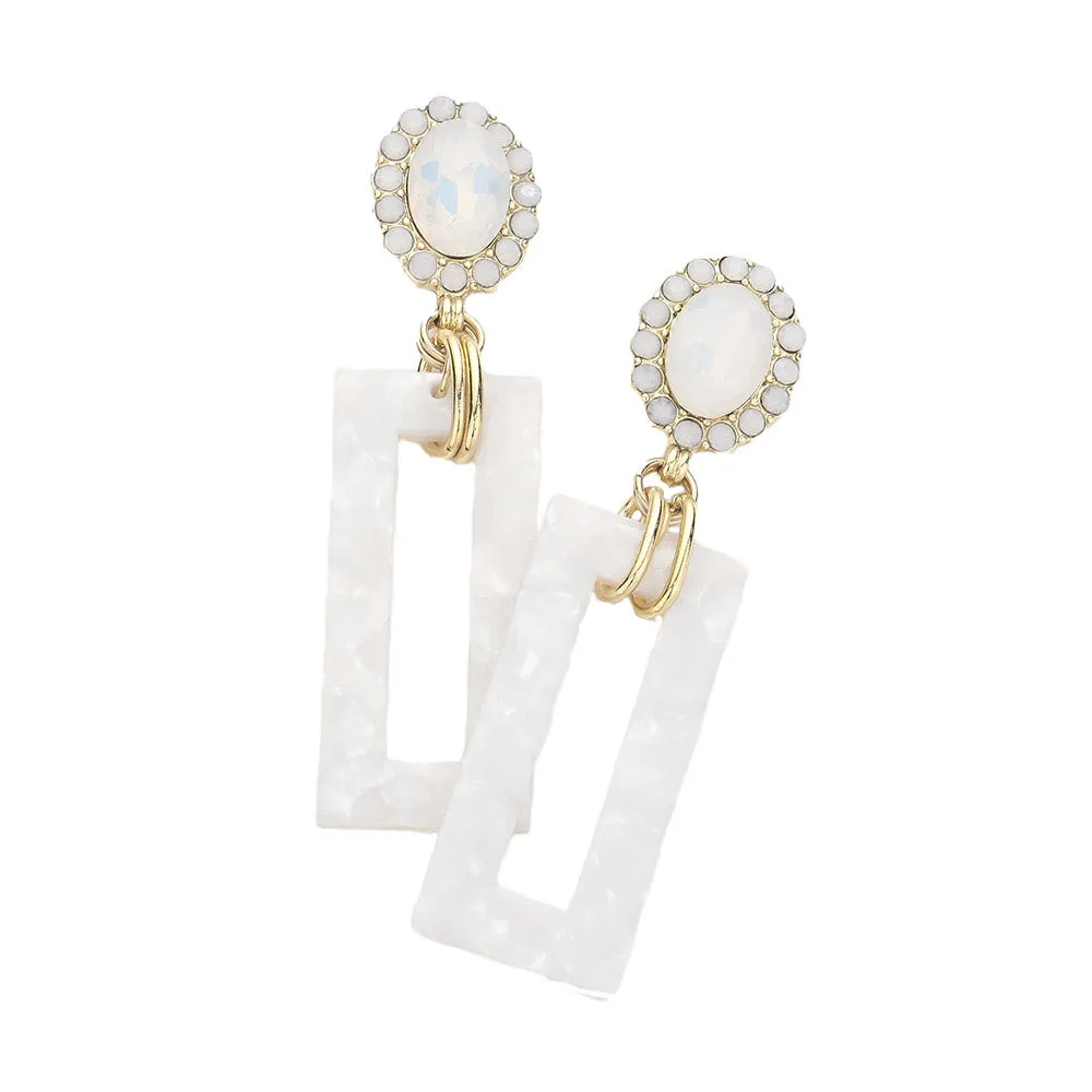 Oval Stone Celluloid Acetate Open Rectangle Link Dangle Earrings