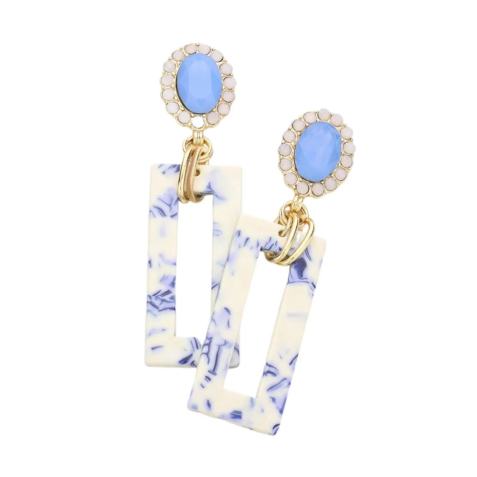 Oval Stone Celluloid Acetate Open Rectangle Link Dangle Earrings