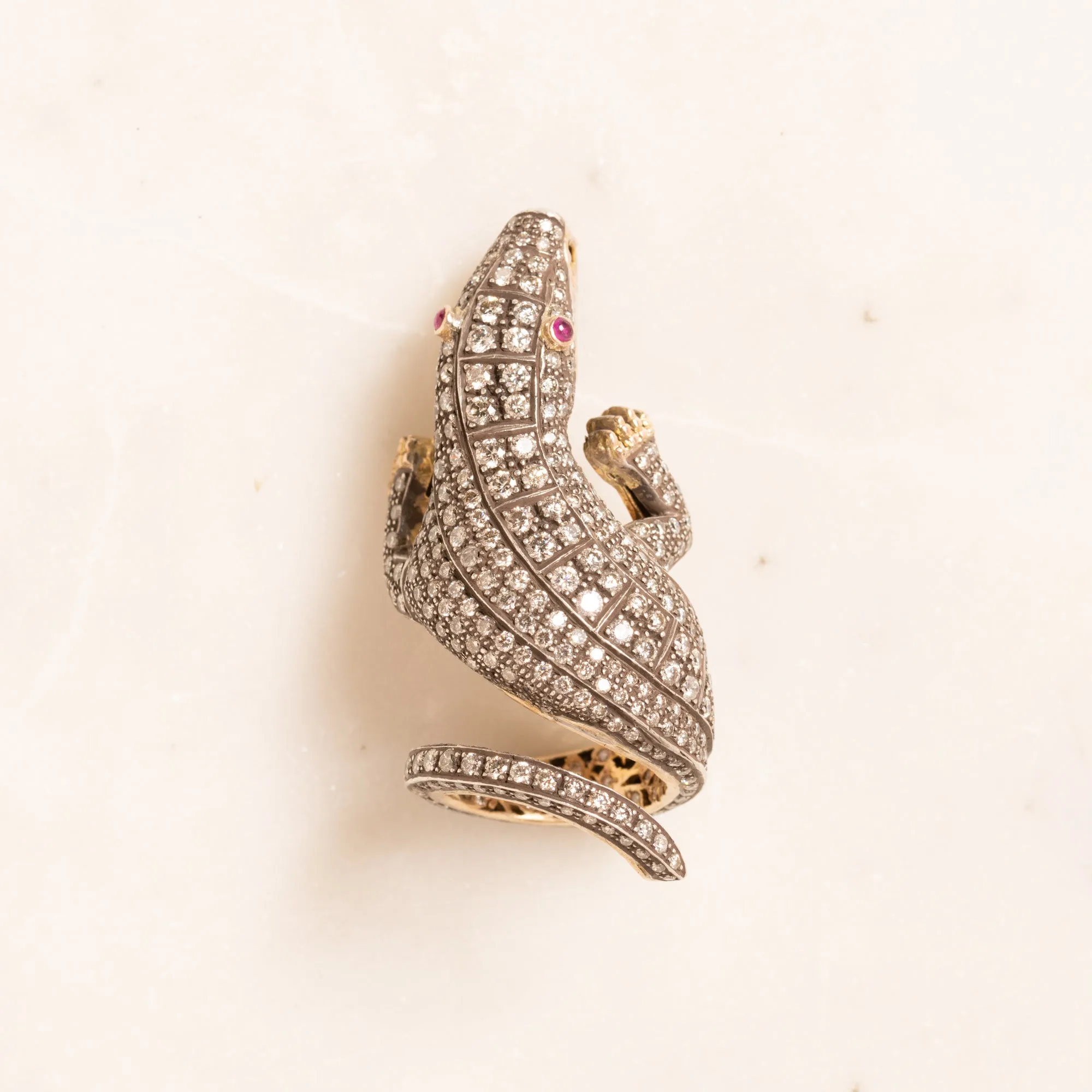 Pave Diamond Alligator with Ruby Eyes Ring