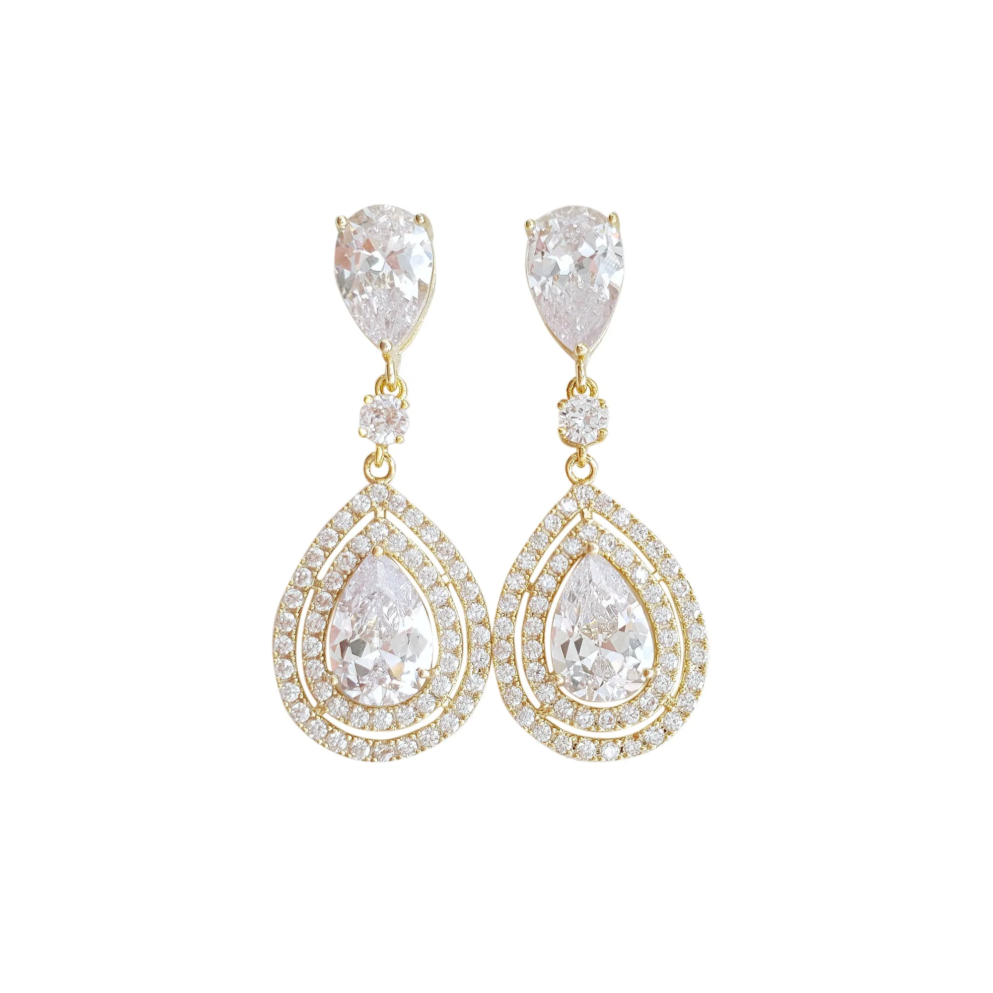 Pear Shaped Cubic Zirconia Drop Earrings for Brides- Joni