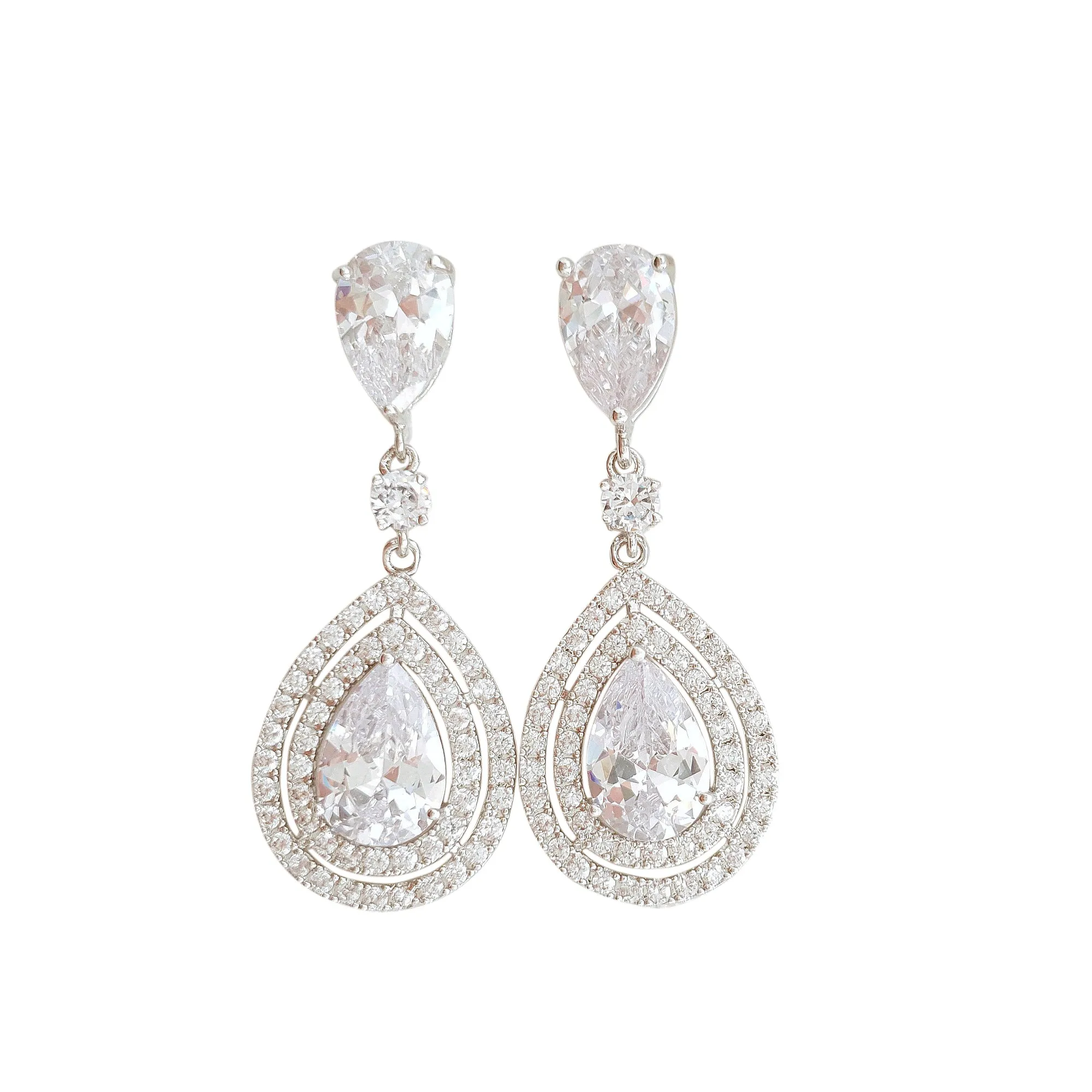 Pear Shaped Cubic Zirconia Drop Earrings for Brides- Joni