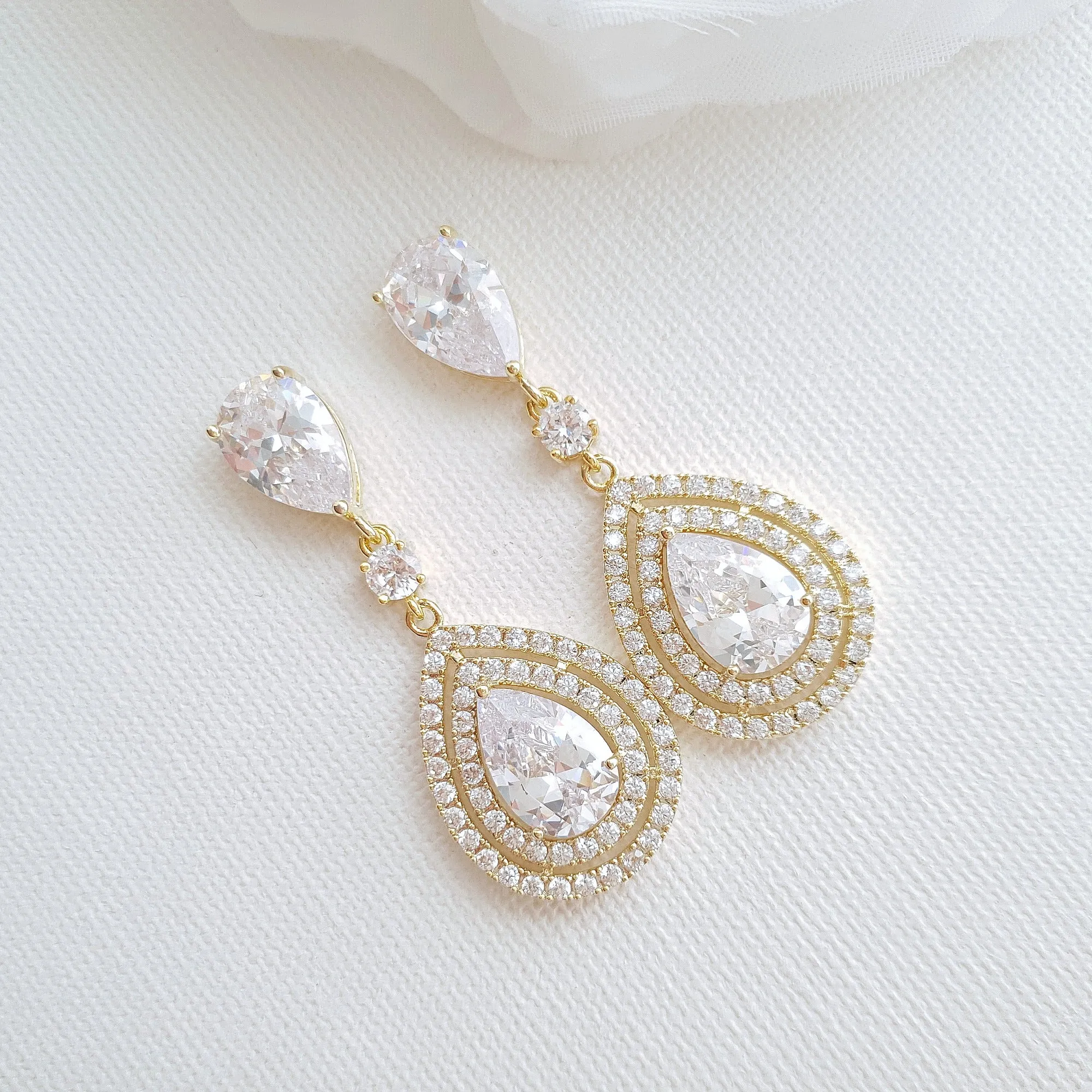 Pear Shaped Cubic Zirconia Drop Earrings for Brides- Joni