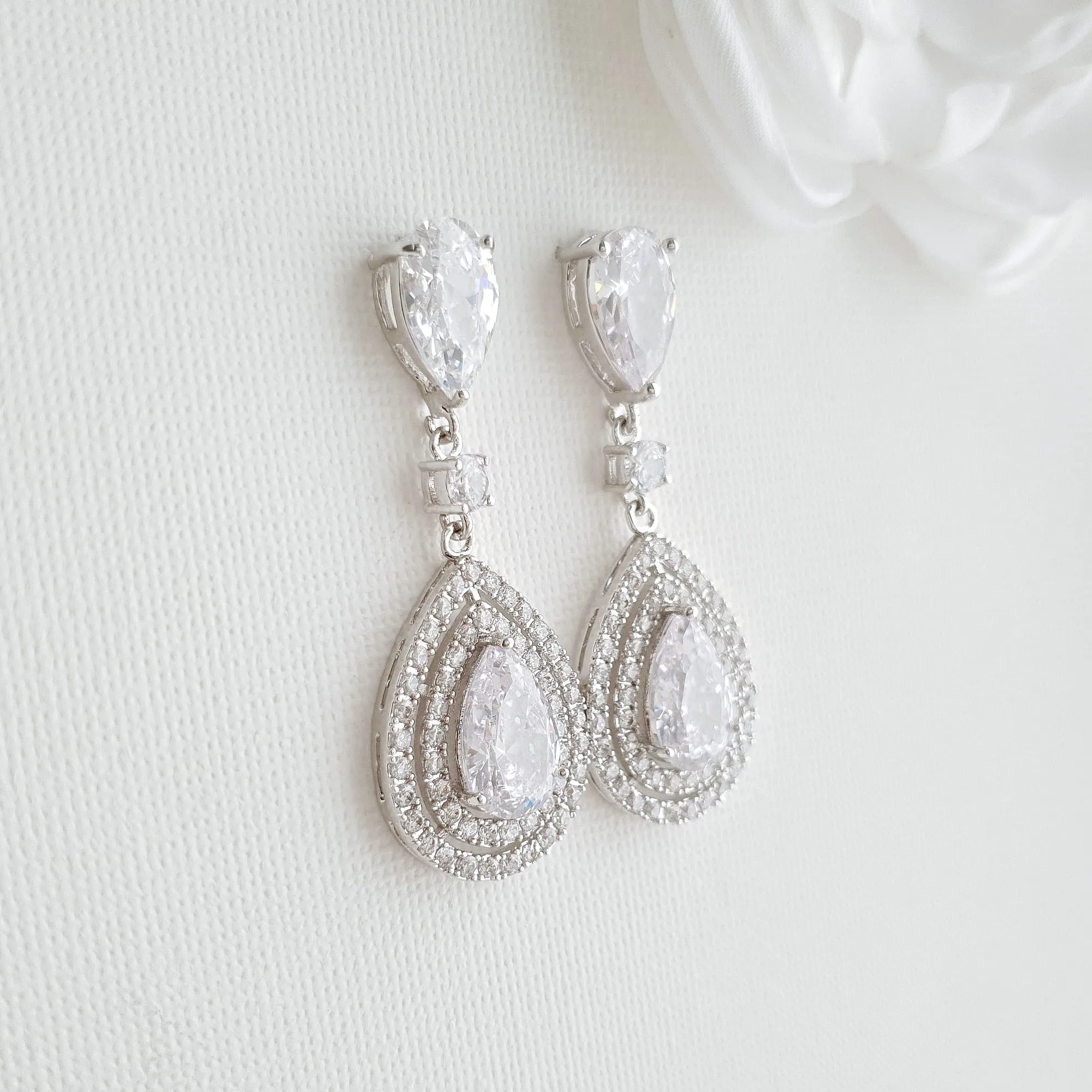 Pear Shaped Cubic Zirconia Drop Earrings for Brides- Joni