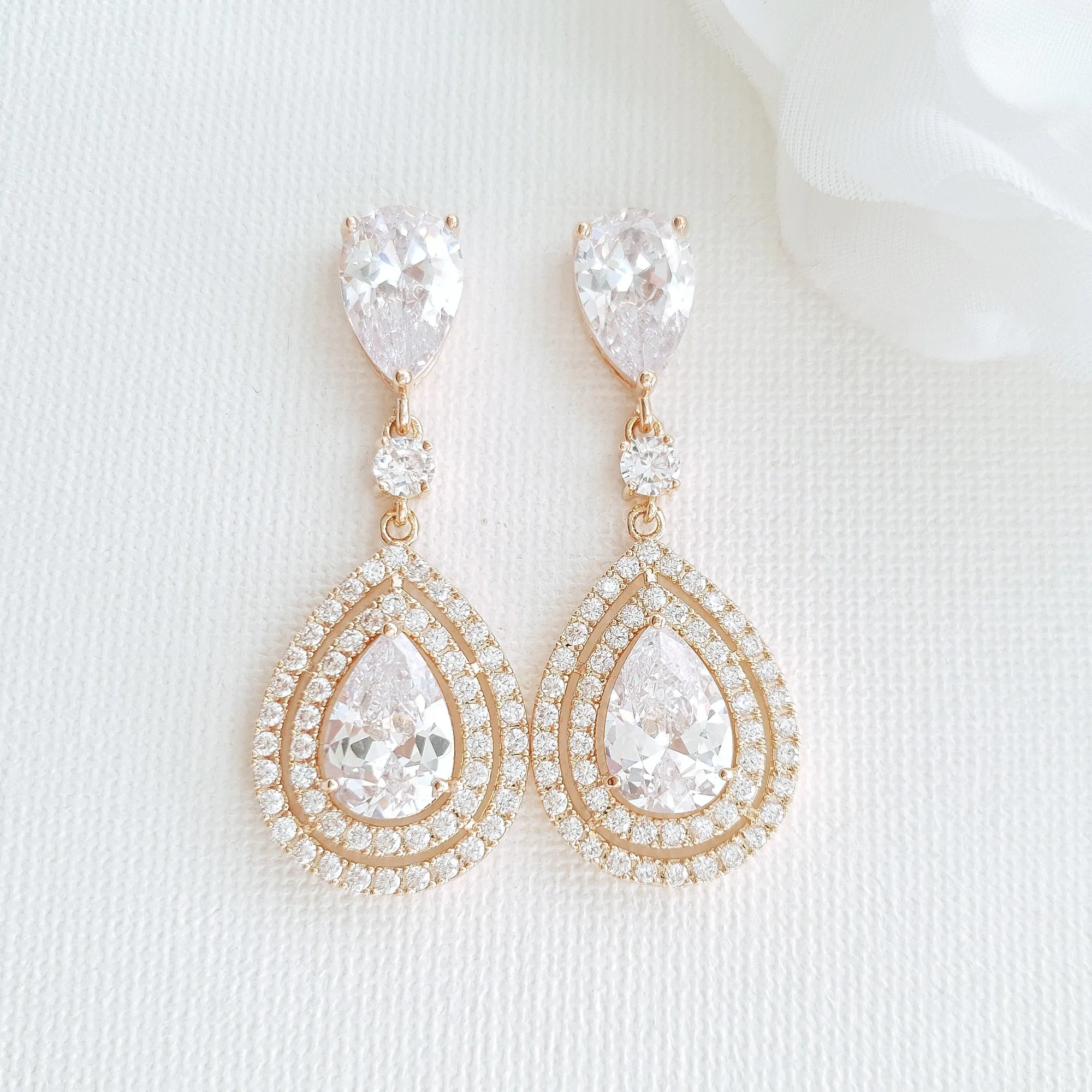 Pear Shaped Cubic Zirconia Drop Earrings for Brides- Joni