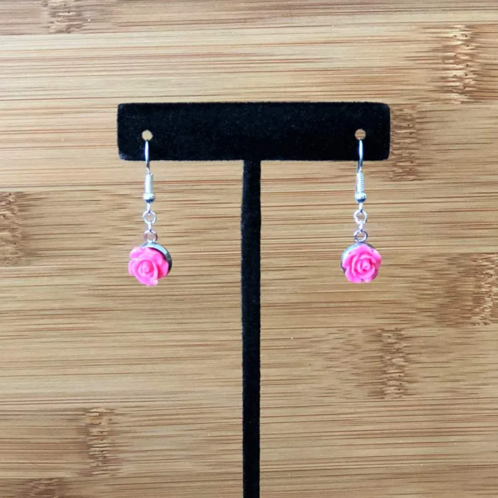 Pink Rose Flowered Dangle Earrings