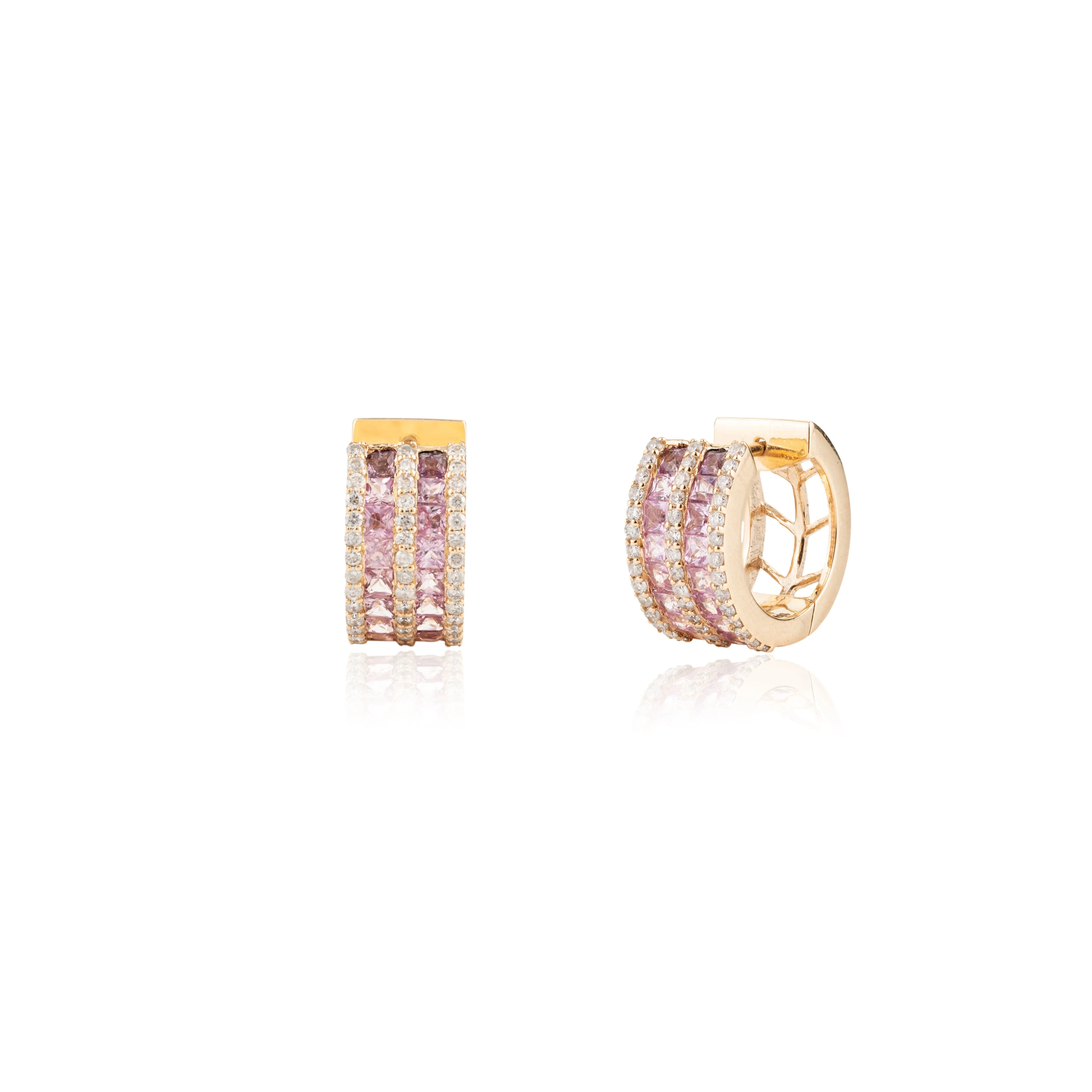 Pink Sapphire & Diamond Huggie Hoop Earring in 18k Gold