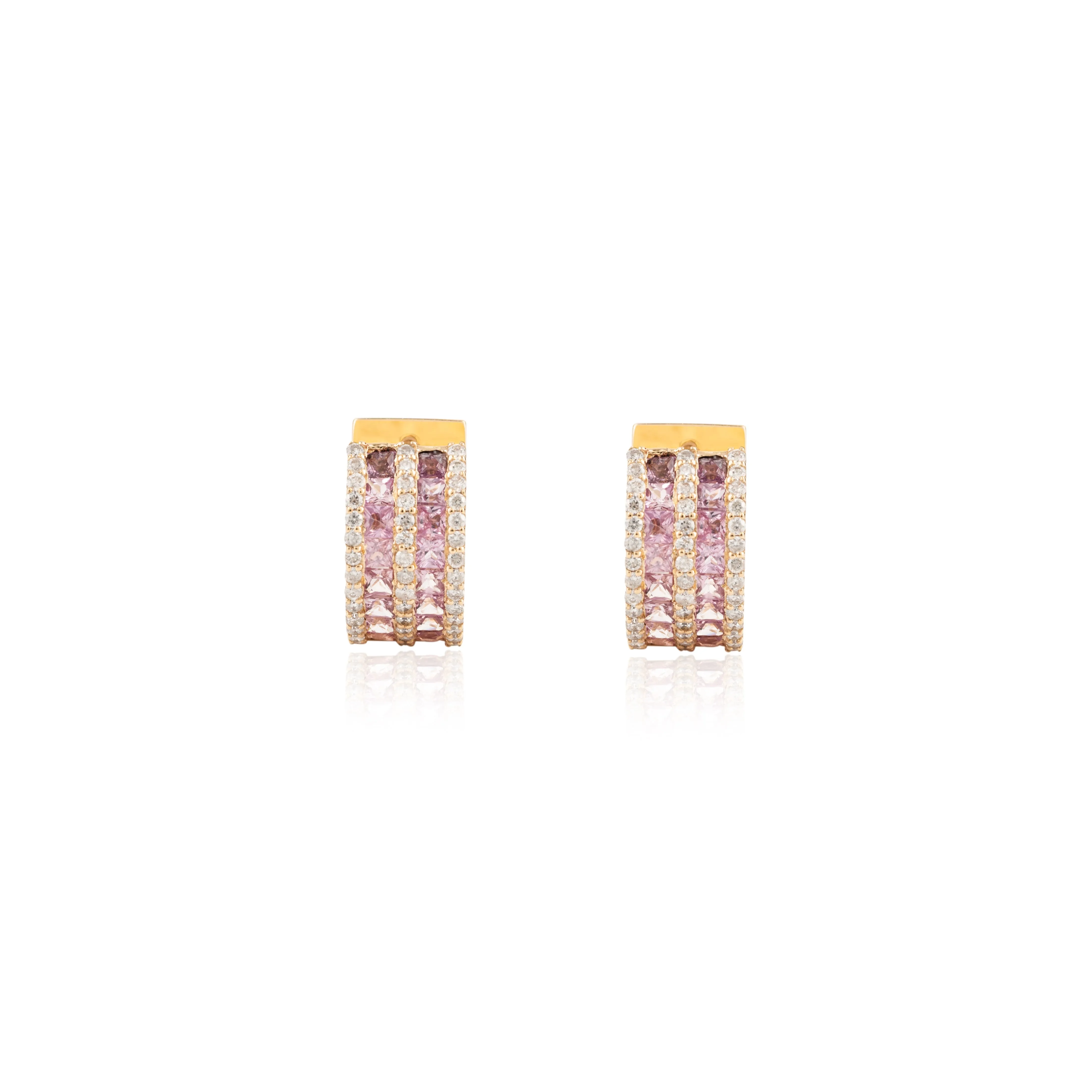 Pink Sapphire & Diamond Huggie Hoop Earring in 18k Gold