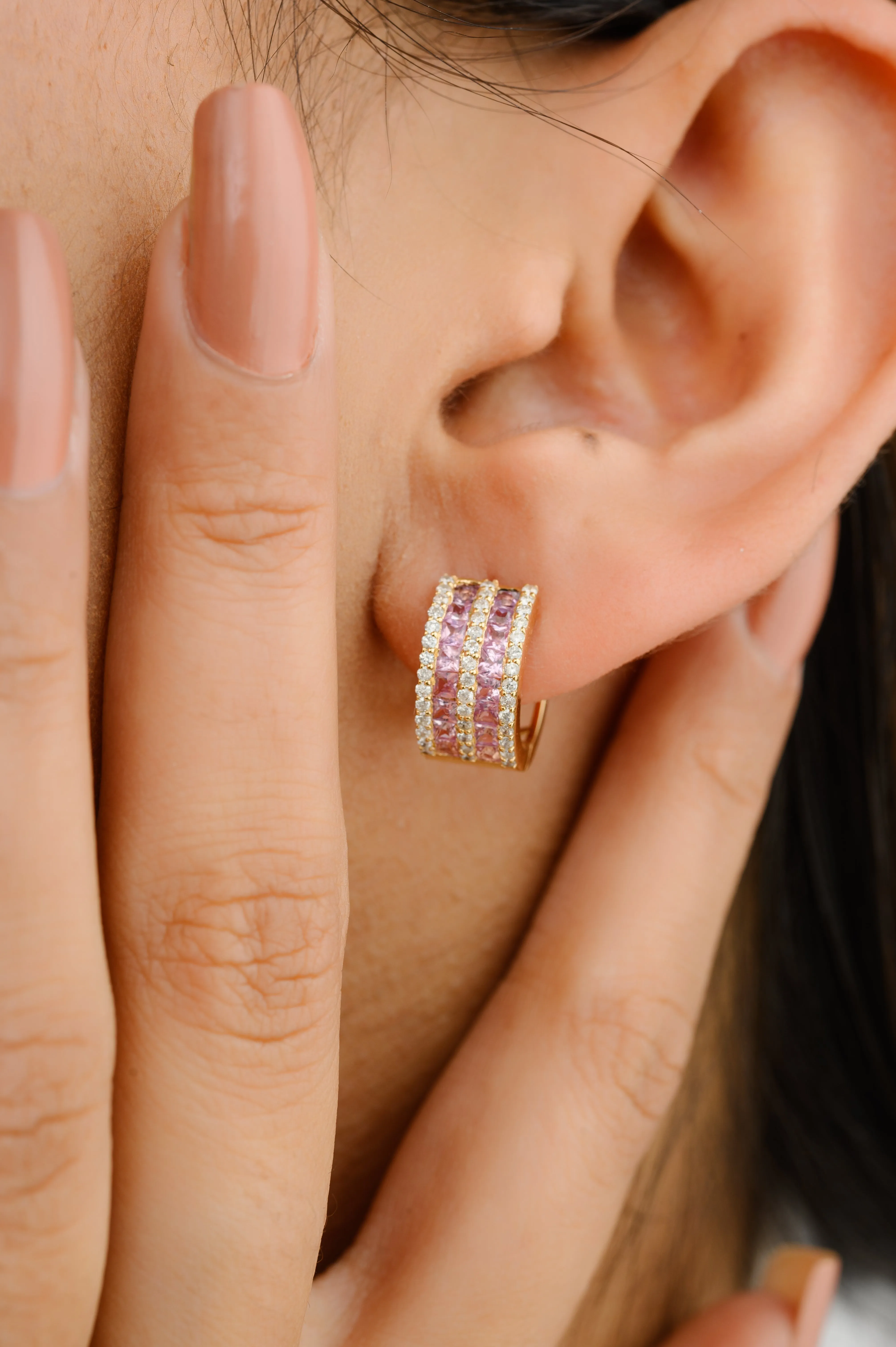 Pink Sapphire & Diamond Huggie Hoop Earring in 18k Gold