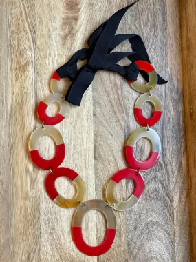 Red Lacquer & Natural Water Buffalo Horn Necklace with Ribbon