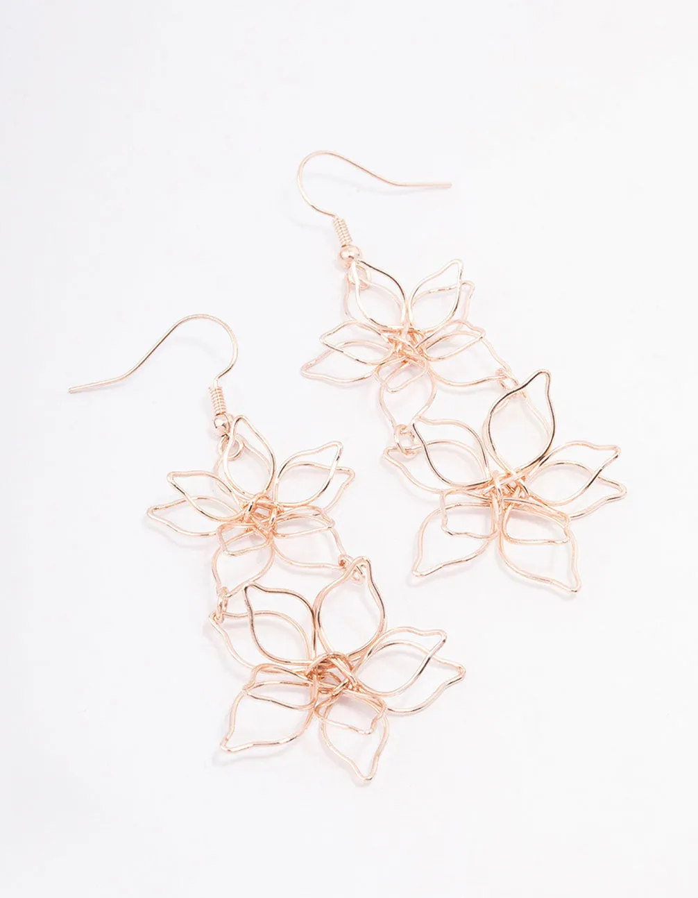 Rose Gold Double Wire Flower Drop Earrings