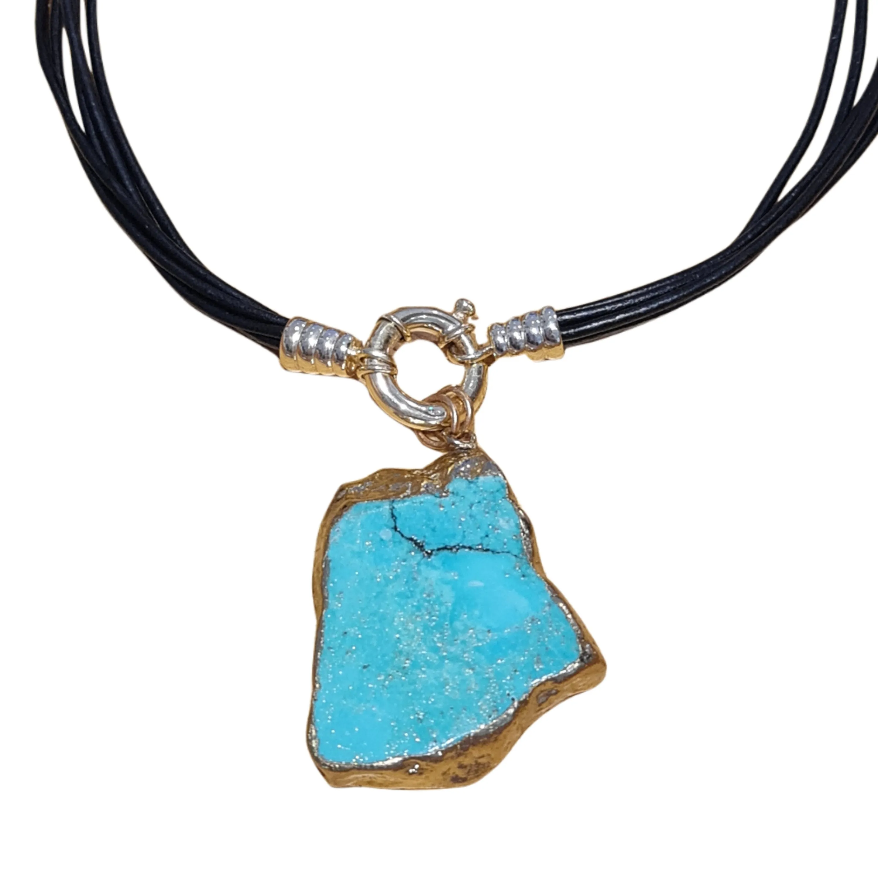 Rough Cut Turquoise pendant on leather necklace Gold