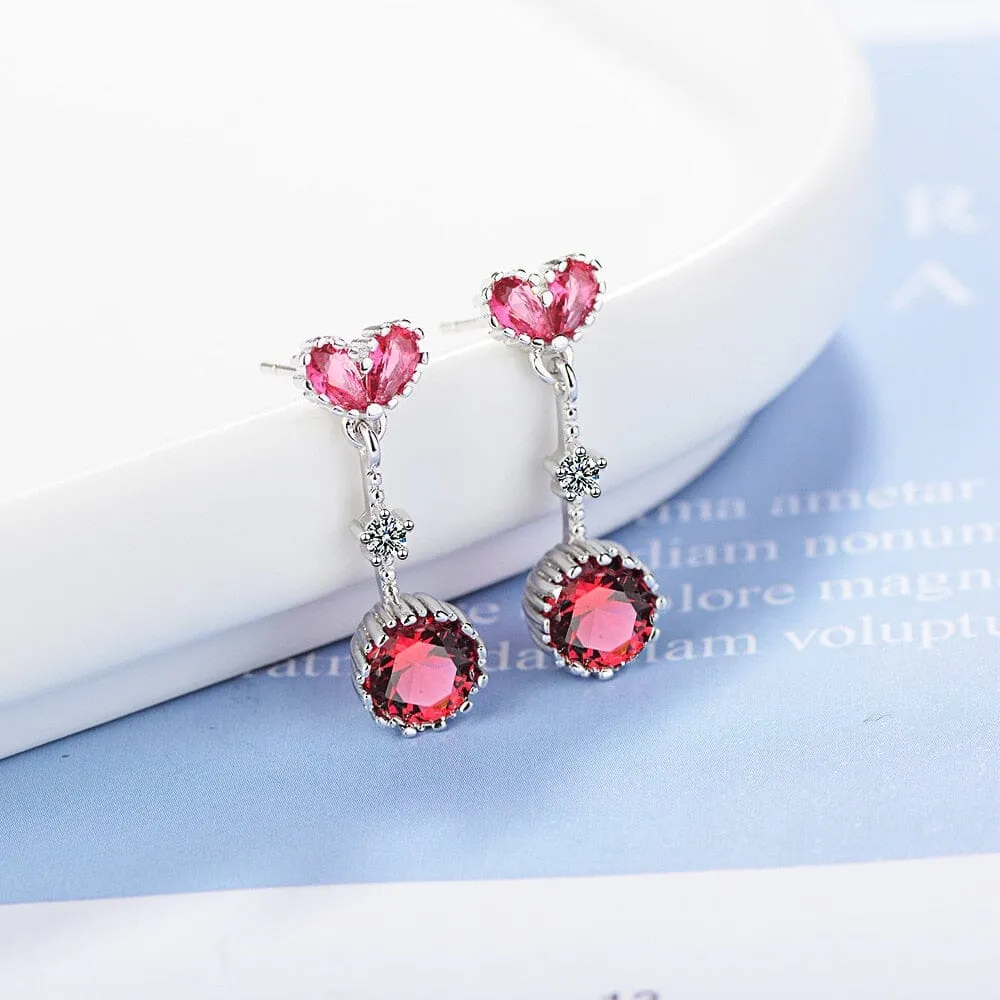 Ruby and Sapphire Heart Shape Gemstones Dangle Drop Earrings