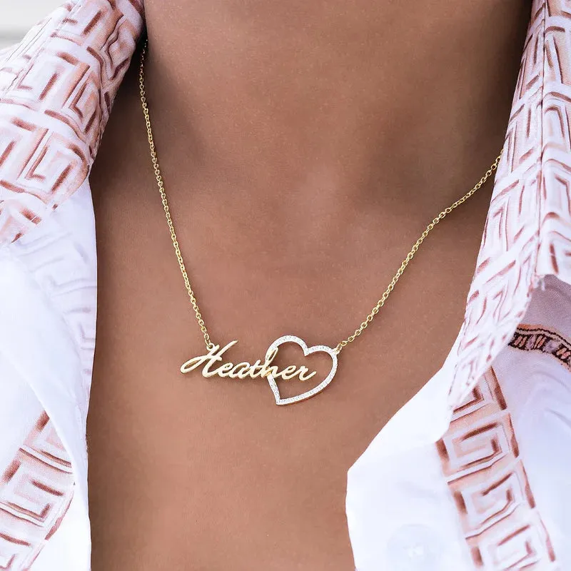 Script Name Necklace w/ Iced Heart