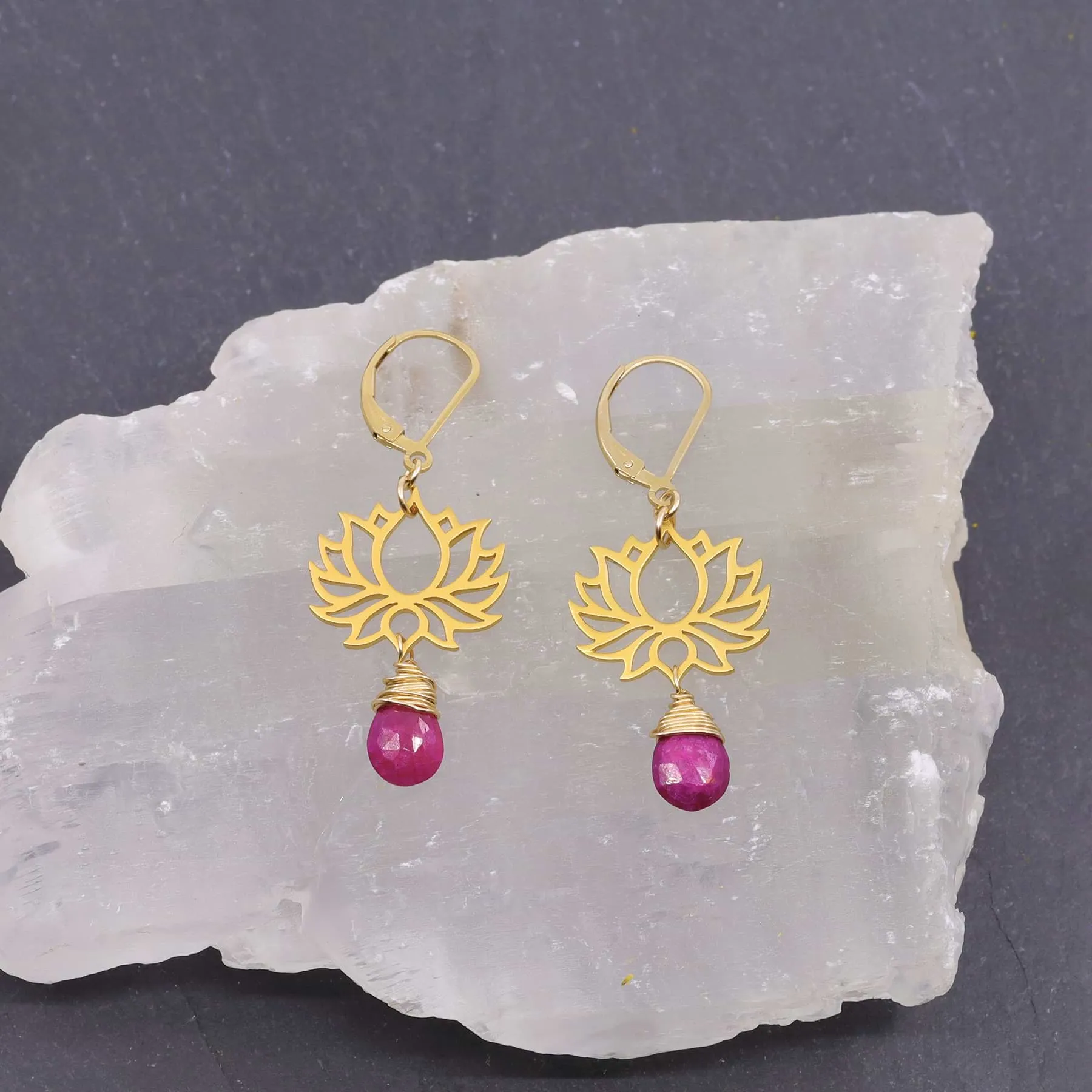 Shiva - Golden Lotus Ruby Drop Earrings