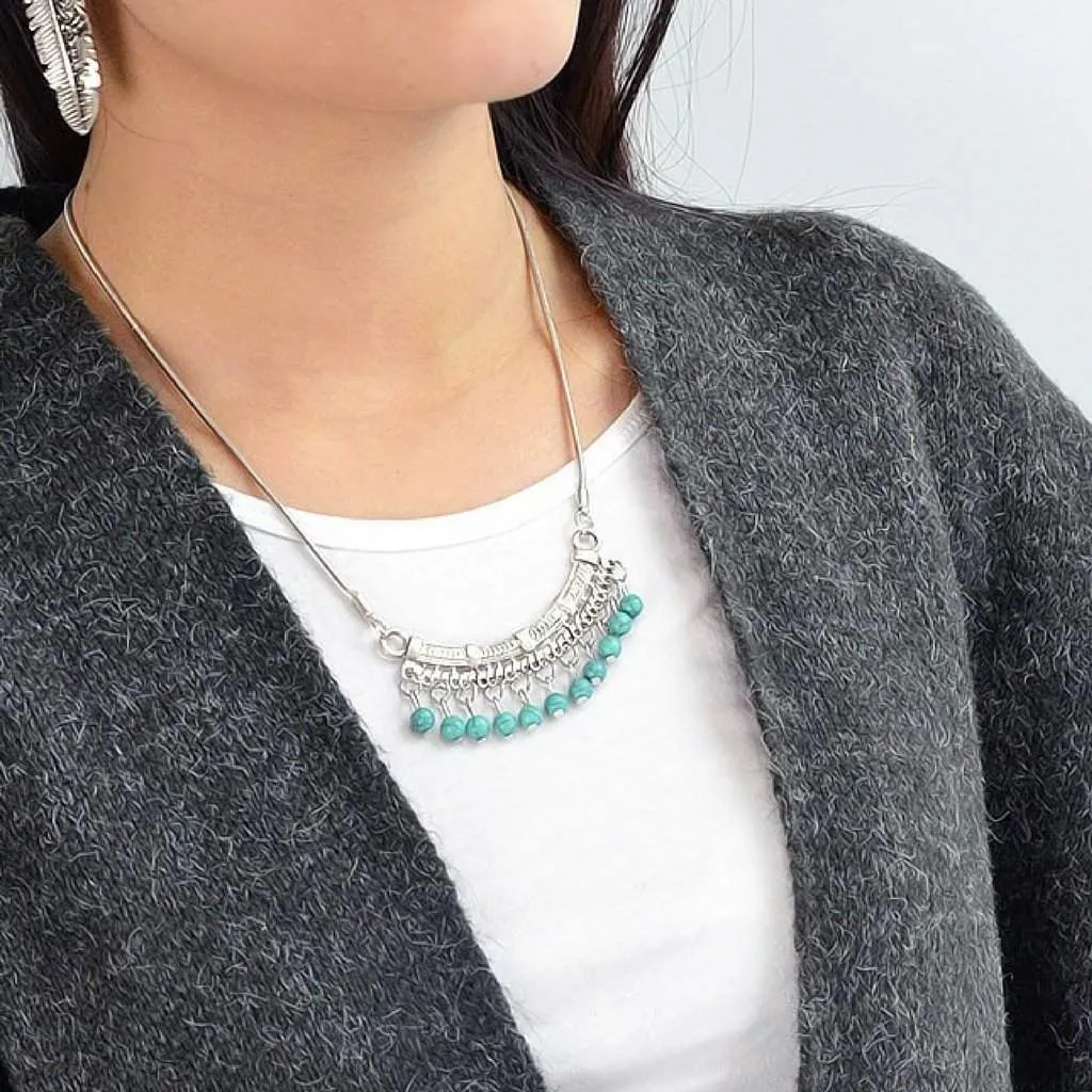 Silver Boho Bar and Blue Turquoise Beaded Necklace