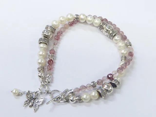 Silver Bracelet for woman. Sterling silver Pearls and Strawberry gemstones