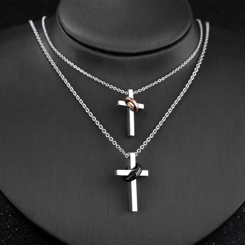 Silver Couple Ring with Zirconia and Cross Pendant Chain Necklace