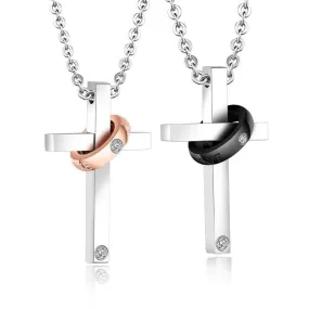 Silver Couple Ring with Zirconia and Cross Pendant Chain Necklace