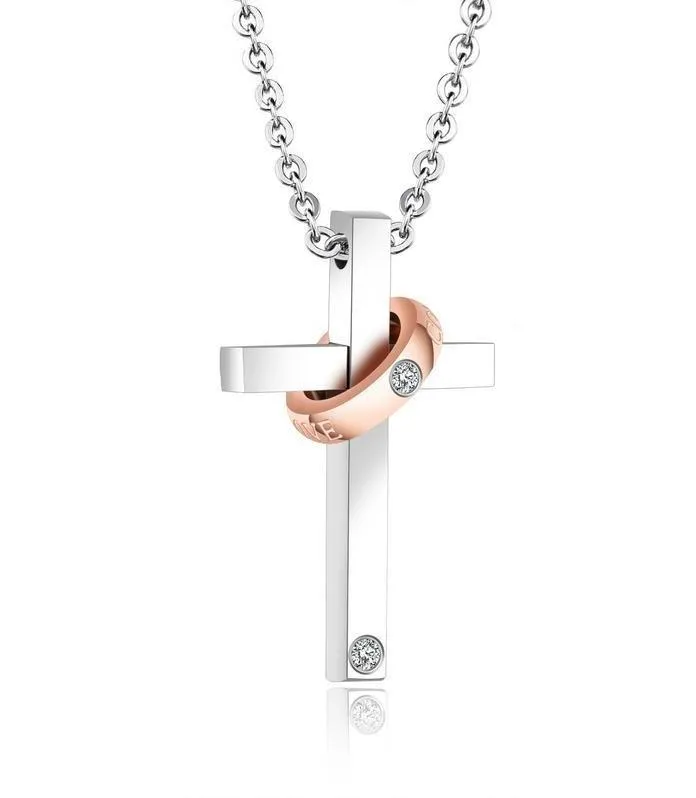 Silver Couple Ring with Zirconia and Cross Pendant Chain Necklace