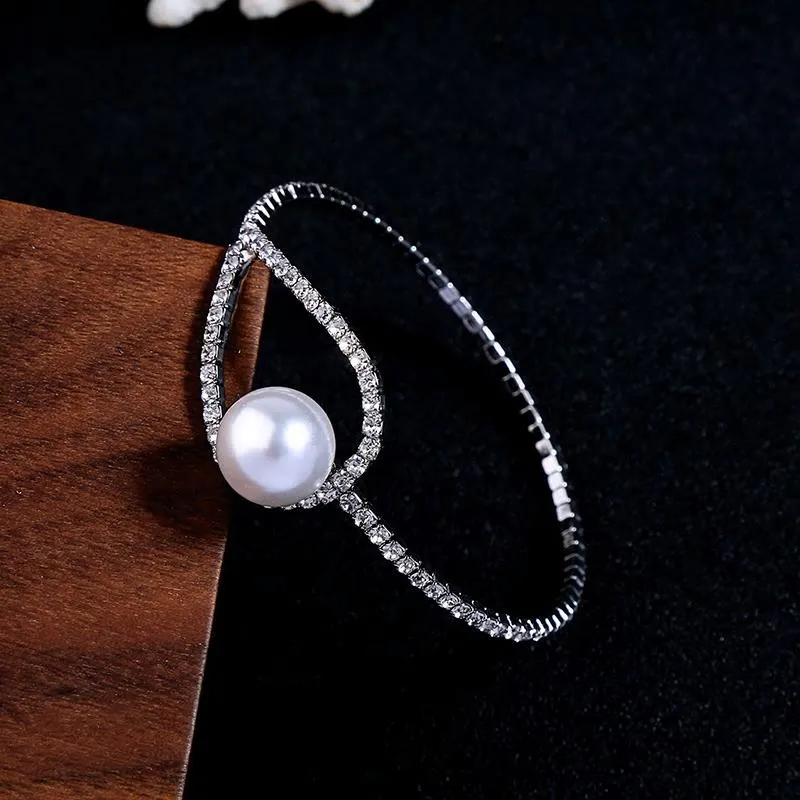 Silver Crystal Bangle Bracelet with Pearl Stud