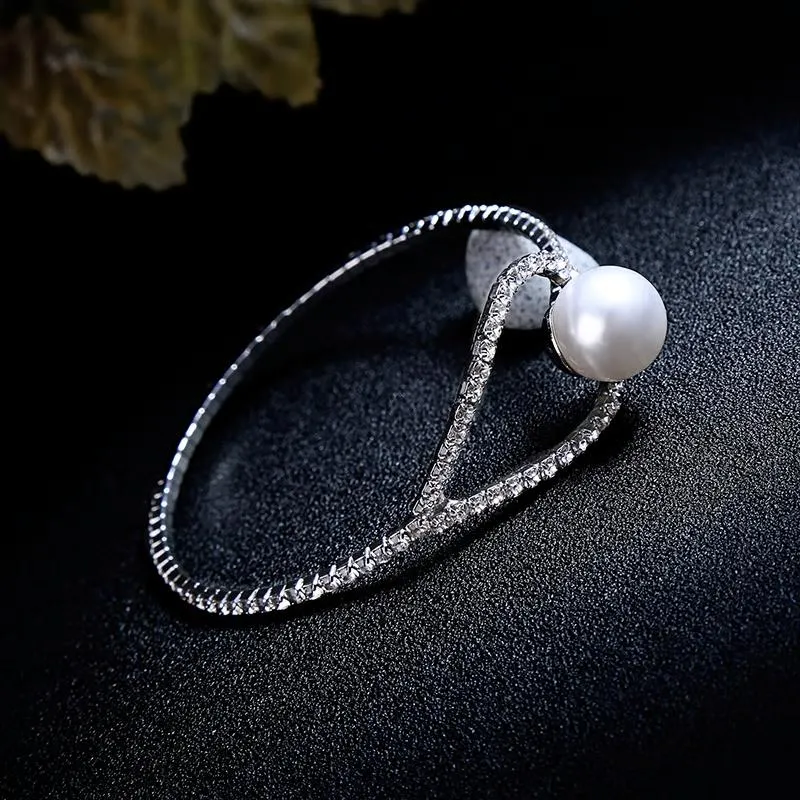 Silver Crystal Bangle Bracelet with Pearl Stud