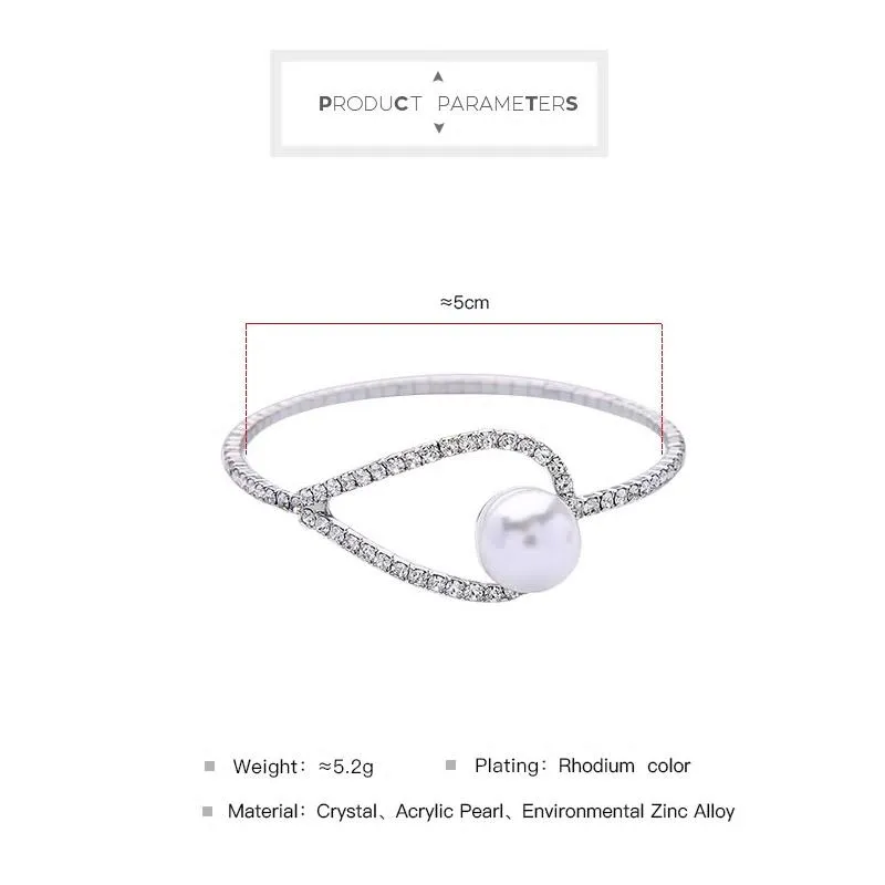 Silver Crystal Bangle Bracelet with Pearl Stud