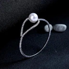 Silver Crystal Bangle Bracelet with Pearl Stud