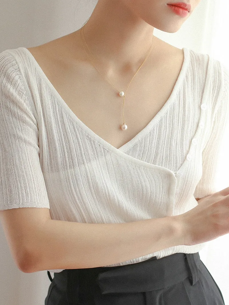 Simple Pearl Japanese Gold Wire Choker Necklace