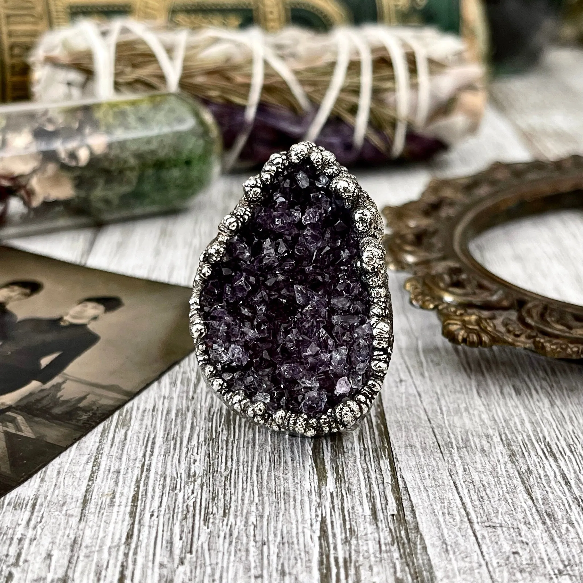 Size 8.5 Big Raw Amethyst Purple Crystal Ring in Fine Silver / Foxlark Collection - One of a Kind