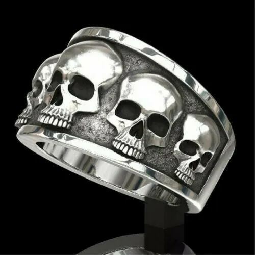 Stainless Steel Multi Raised Skulls Biker Band Ring