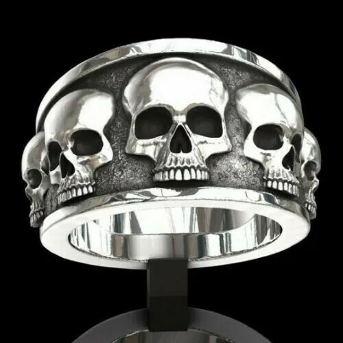 Stainless Steel Multi Raised Skulls Biker Band Ring