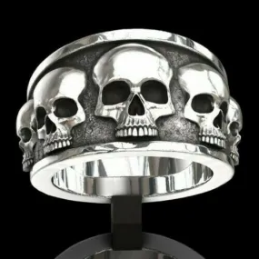 Stainless Steel Multi Raised Skulls Biker Band Ring