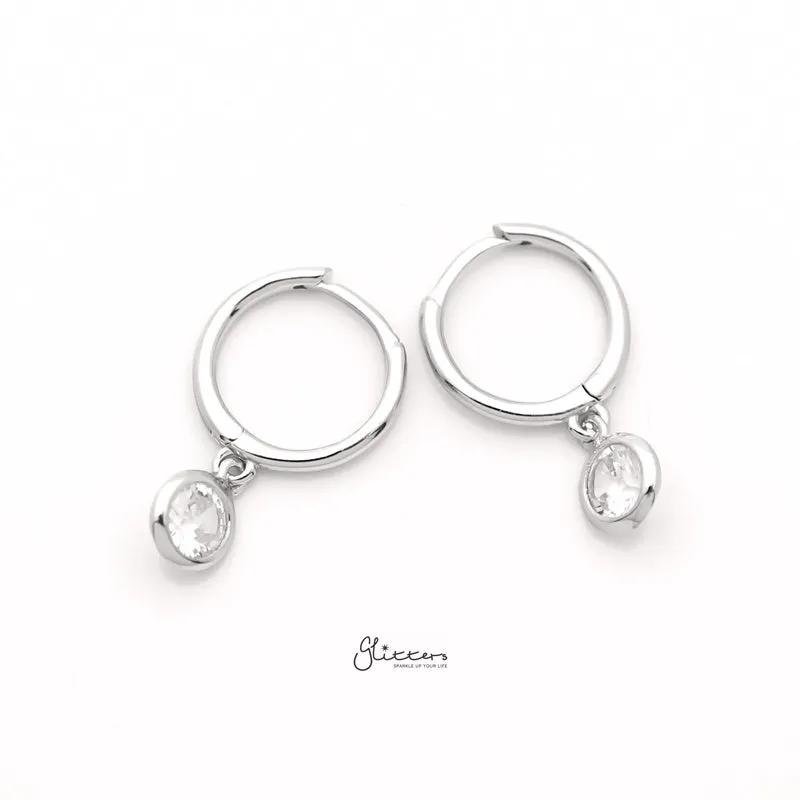 Sterling Silver Huggie Hoop Earrings with Dangle Round CZ - Silver