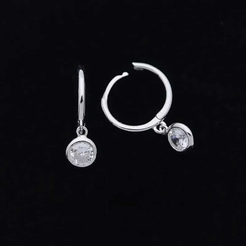 Sterling Silver Huggie Hoop Earrings with Dangle Round CZ - Silver