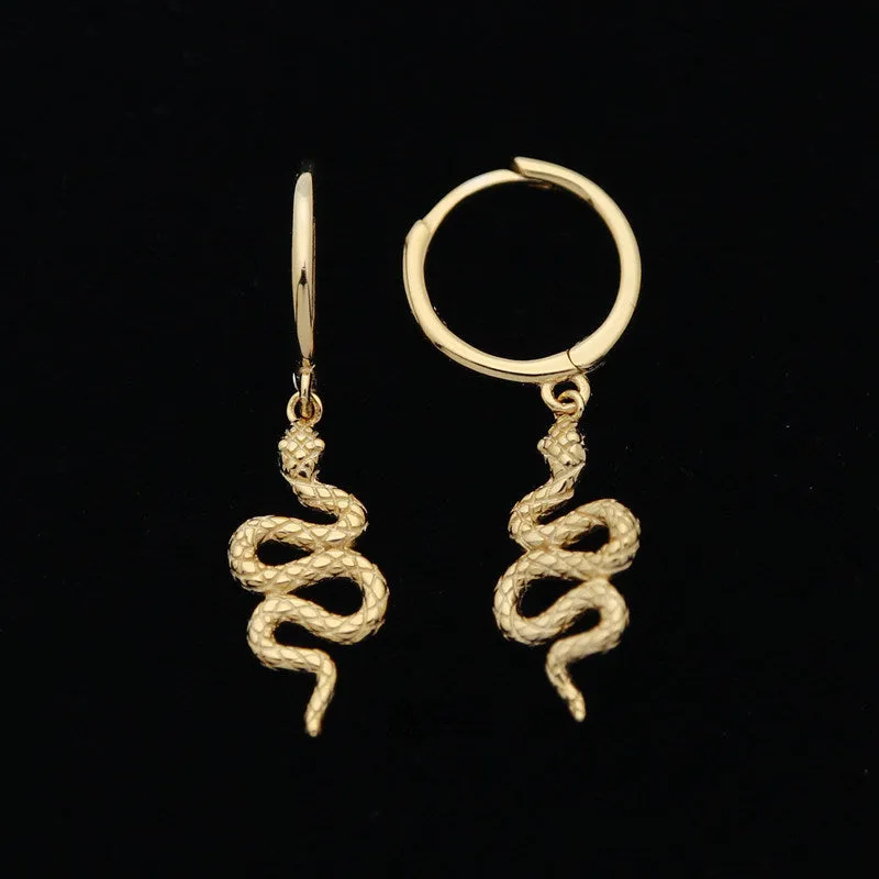 Sterling Silver Huggie Hoop Earrings with Dangle Snake - Gold