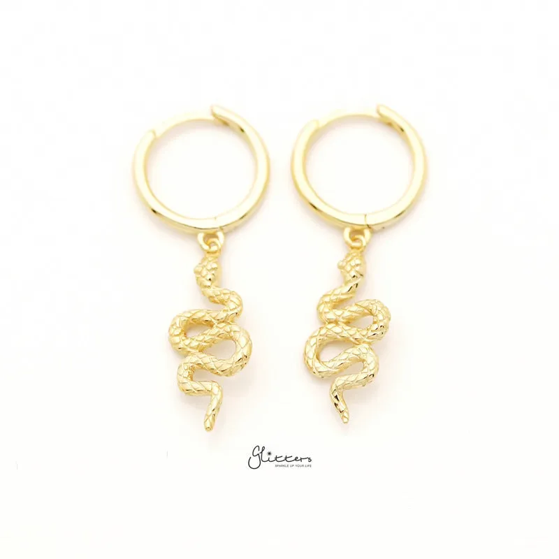 Sterling Silver Huggie Hoop Earrings with Dangle Snake - Gold