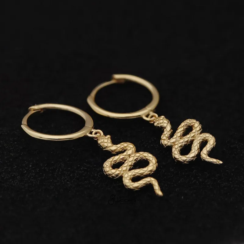 Sterling Silver Huggie Hoop Earrings with Dangle Snake - Gold