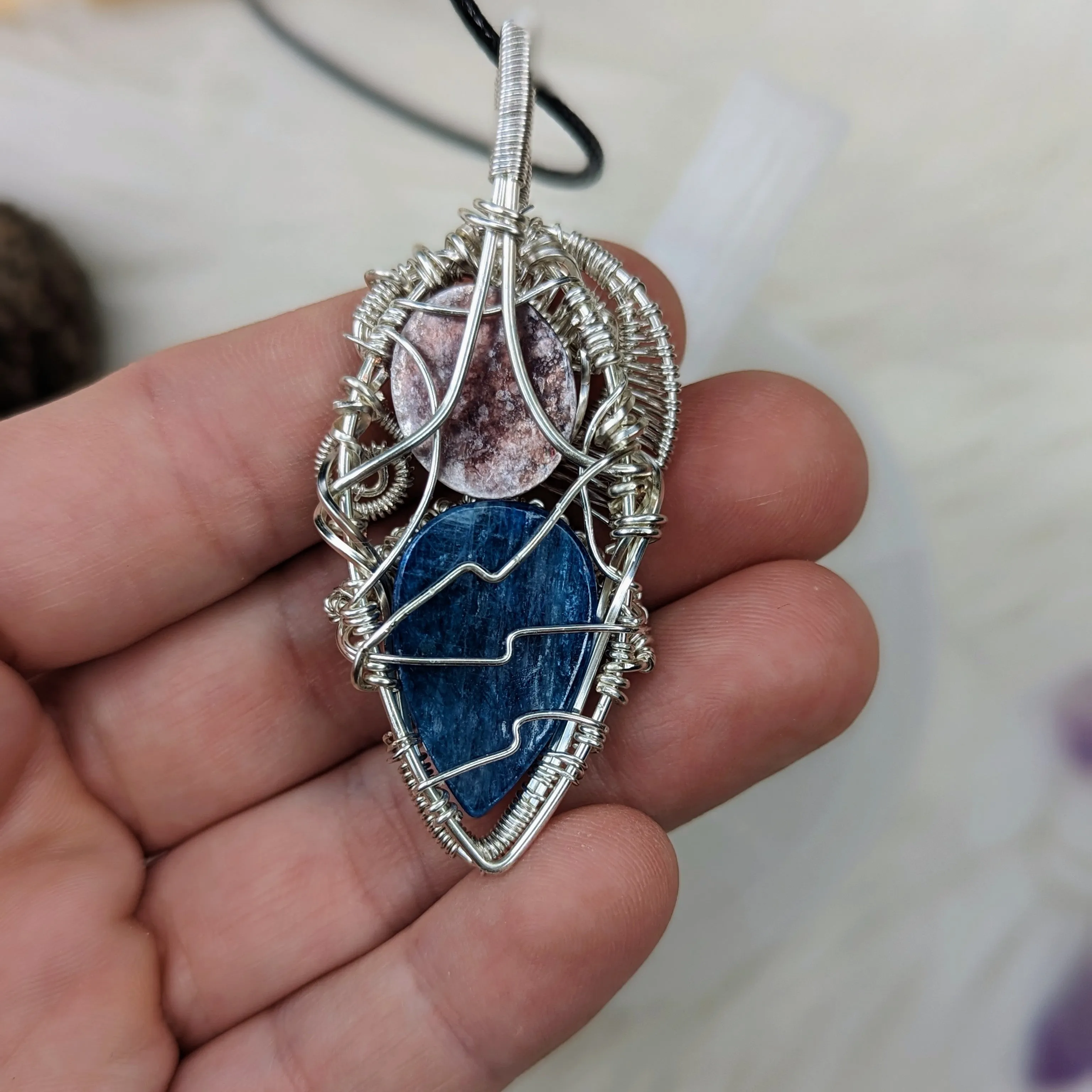 Stunning Blue Kyanite and Lepidolite Wire Wrapped Pendant ~ Necklace Cord Included