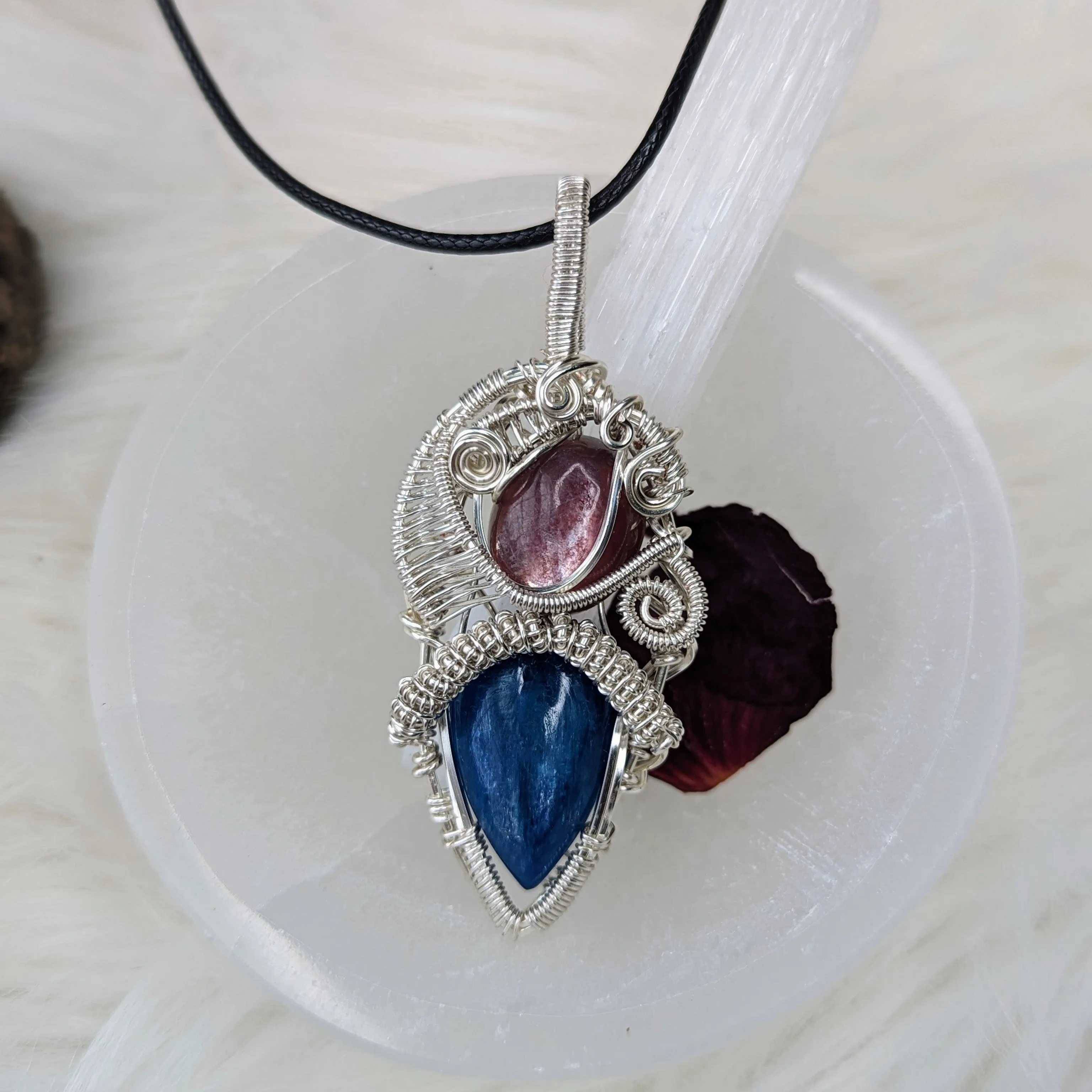 Stunning Blue Kyanite and Lepidolite Wire Wrapped Pendant ~ Necklace Cord Included