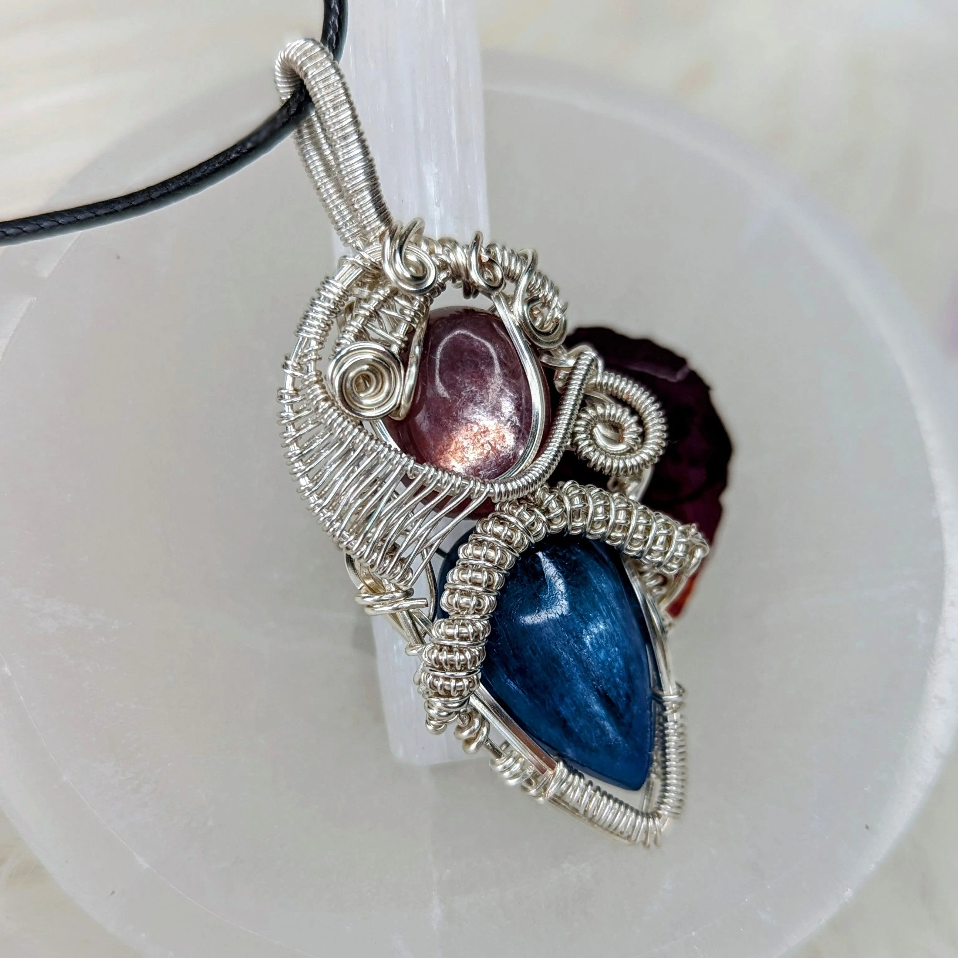 Stunning Blue Kyanite and Lepidolite Wire Wrapped Pendant ~ Necklace Cord Included