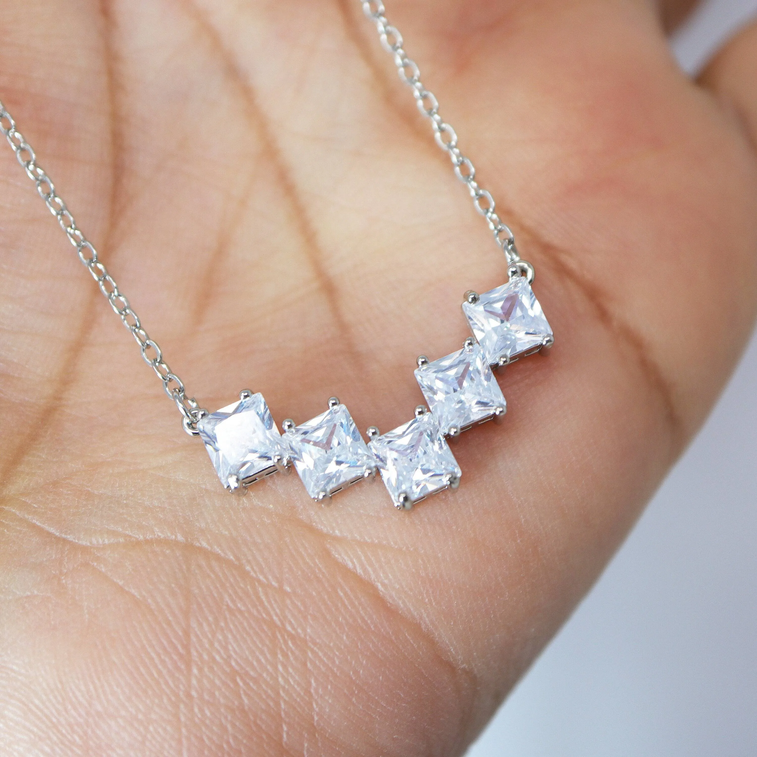 Swarovski Crystal Dainty 5 Square Geometric Necklace And Earrings Set , Bridal Jewelry, Statement Earrings Cz, Necklace Set