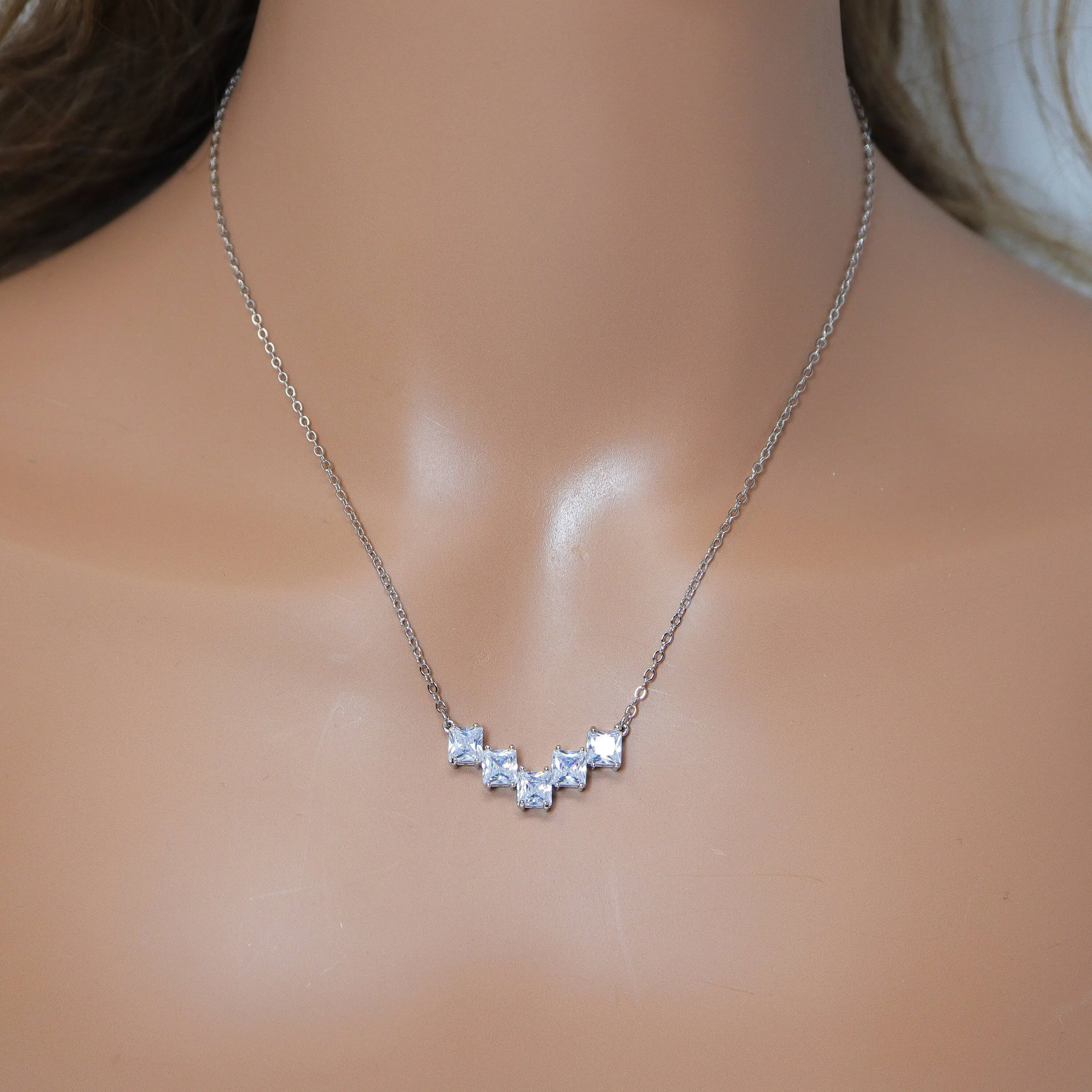 Swarovski Crystal Dainty 5 Square Geometric Necklace And Earrings Set , Bridal Jewelry, Statement Earrings Cz, Necklace Set