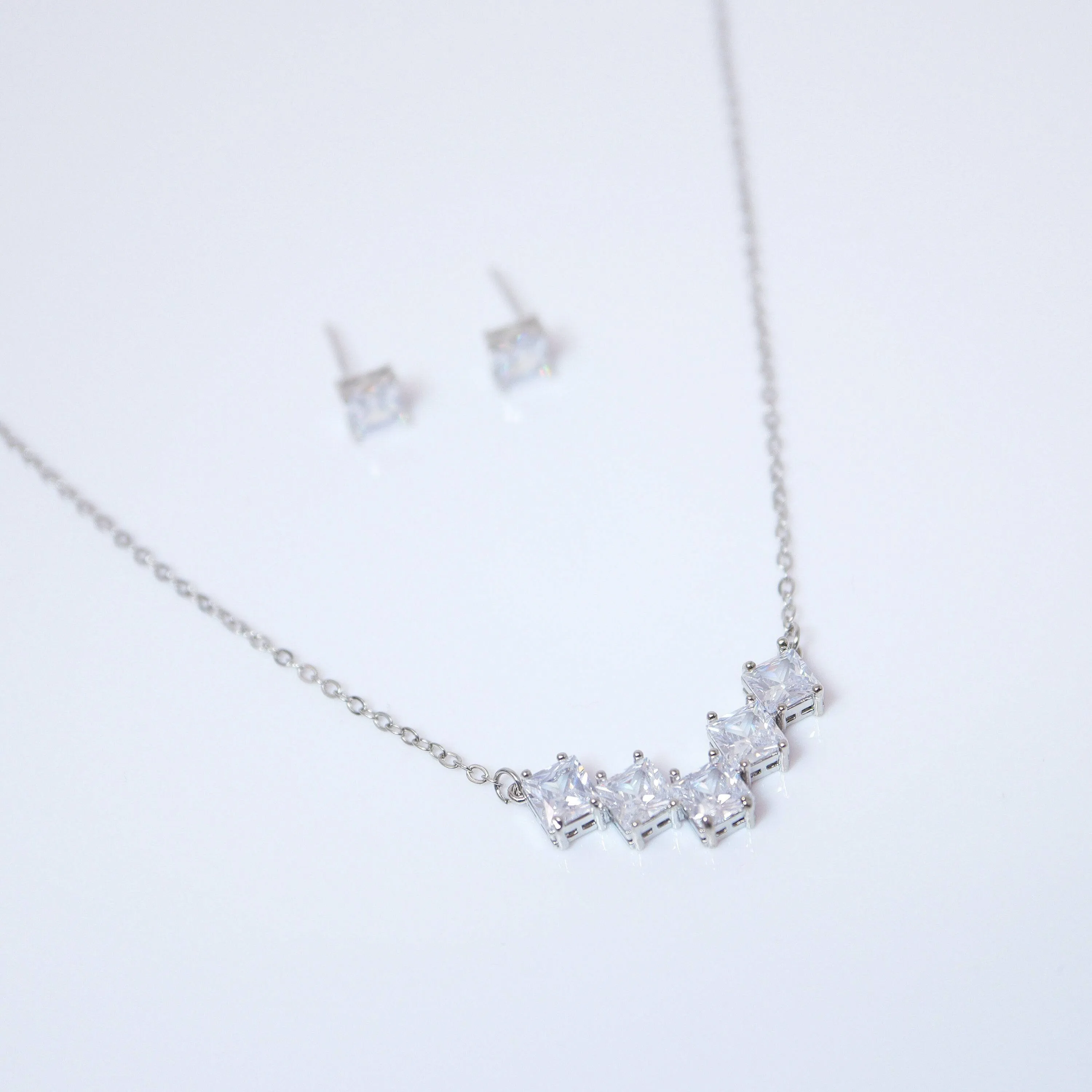 Swarovski Crystal Dainty 5 Square Geometric Necklace And Earrings Set , Bridal Jewelry, Statement Earrings Cz, Necklace Set