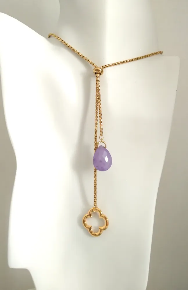 Teardrop Lavender Jade with 4 Leaf Clover Slider Necklace