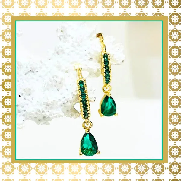 Teramasu CZ Green Crystal Hoop Sterling Silver Gold Plated Gold Drop Dainty Earrings