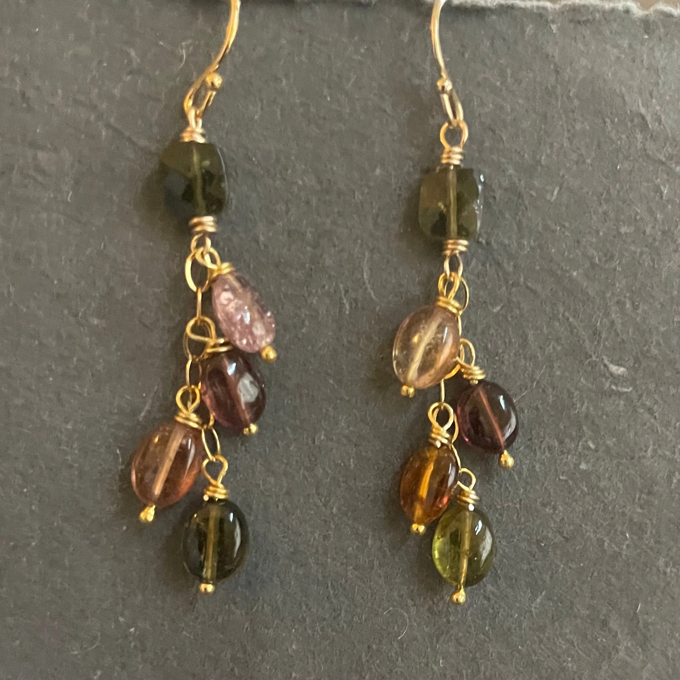 Tourmaline Cascade Earrings, Gold, OOAK