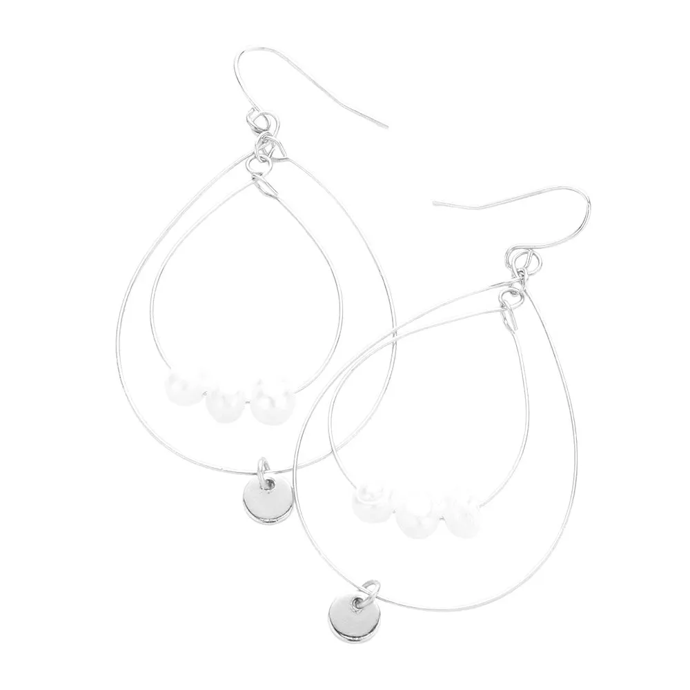 Triple Pearl Accented Double Open Teardrop Dangle Earrings